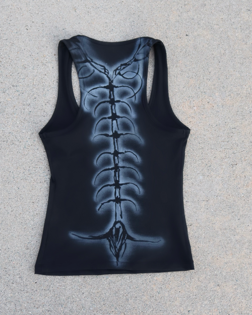 sc0rpia SC0RPION TANK in black, front view, hand-airbrushed scorpion graphic in white 