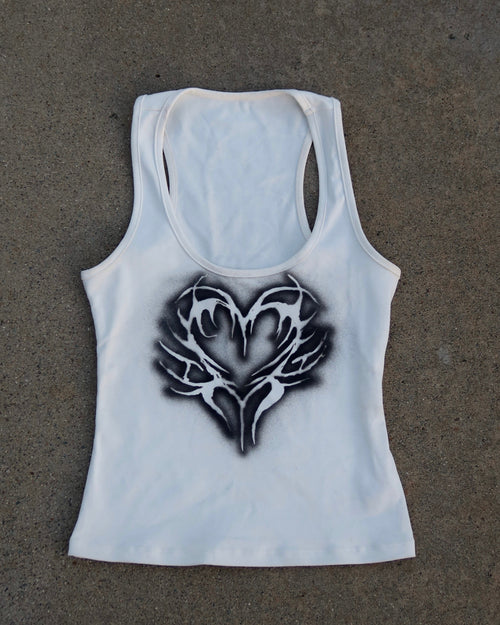sc0rpia CYBER HEART TANK in white, front view, hand-airbrushed heart graphic in black 