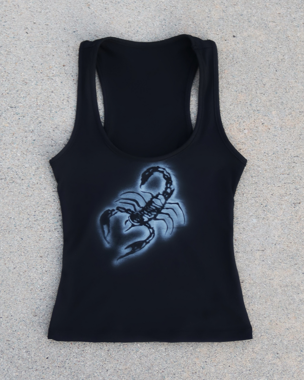 sc0rpia SC0RPION TANK in black, front view, hand-airbrushed scorpion graphic in white
