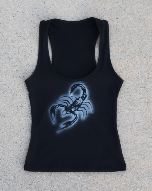 sc0rpia SC0RPION TANK in black, front view, hand-airbrushed scorpion graphic in white